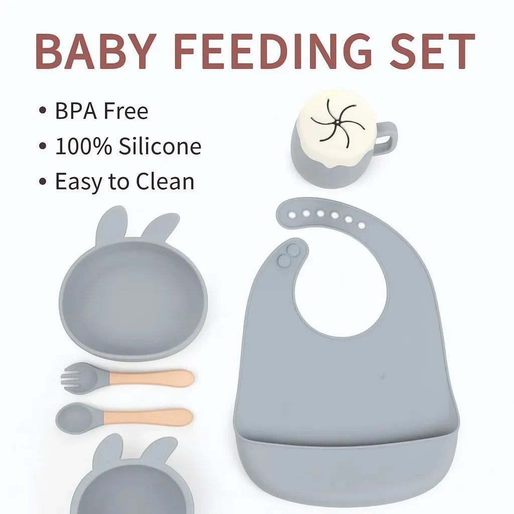 Baby Feeding Set | Silicone Bowl with Suction, Bib, Cup, Fork & Spoon | Infant Tableware Kids Plate BPA-Free Baby Dishes Set