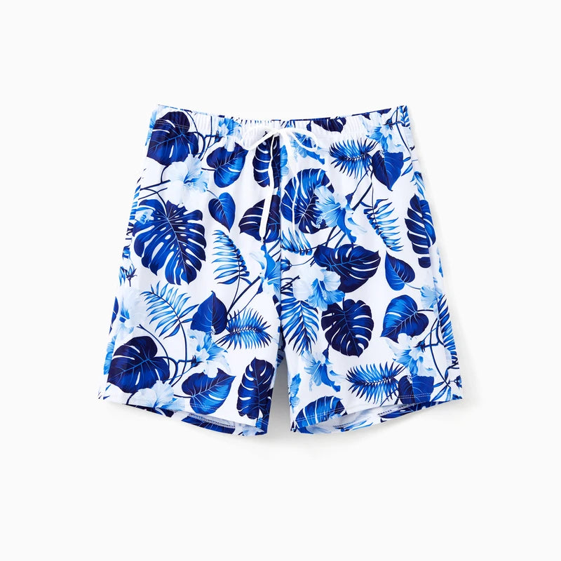 Family Matching Blue Tropical Leaf Swimwear Set Dad Boy Board Shorts & Mom Girl Bikini Sets