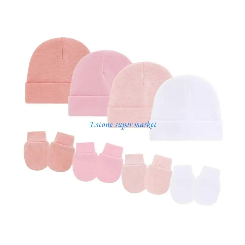 090B 4 Set Newborns Bonnet Cap and Mittens Machine Washable Baby Fetal Hat Gloves for 0 to 3 Month Soft Fabric Headgear