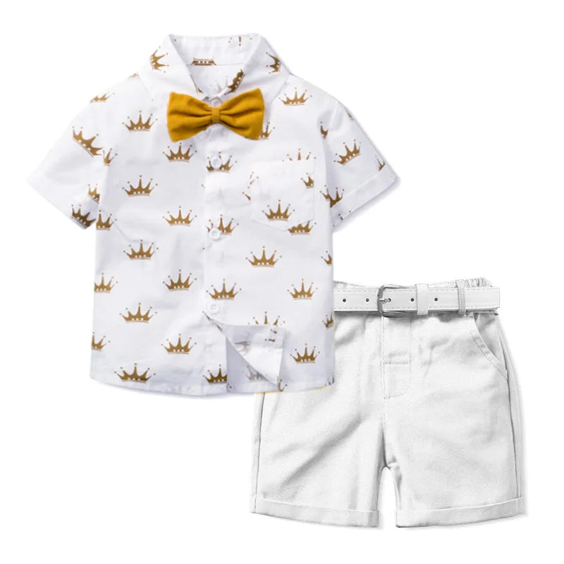 Kids Boys Clothes Sets Gentleman Suit Short Sleeve Shirt Bowtie With Suspender Shorts Pants Baby Children Formal School Outfits