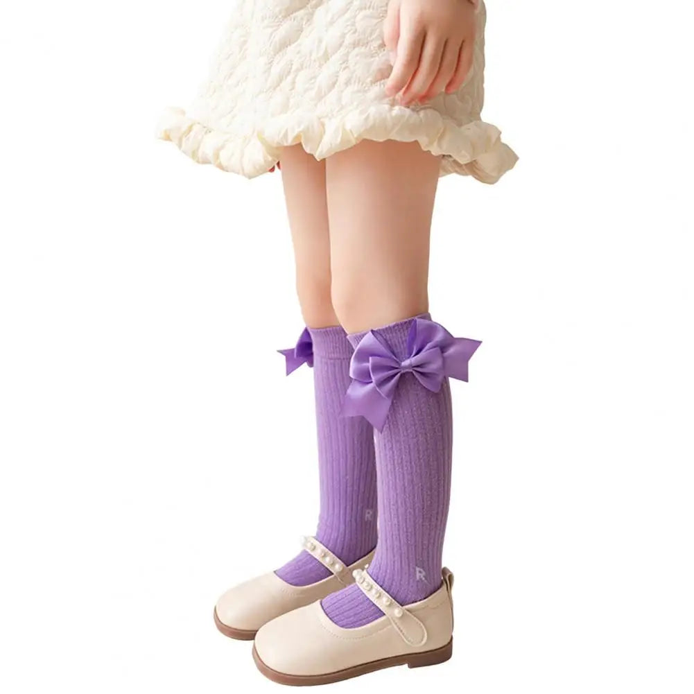 Cute Cartoon Kids Stockings Bow Knee High Cotton Socks Cotton Long Socks Breathable Mid-Calf Socks for Toddler 3-12Y