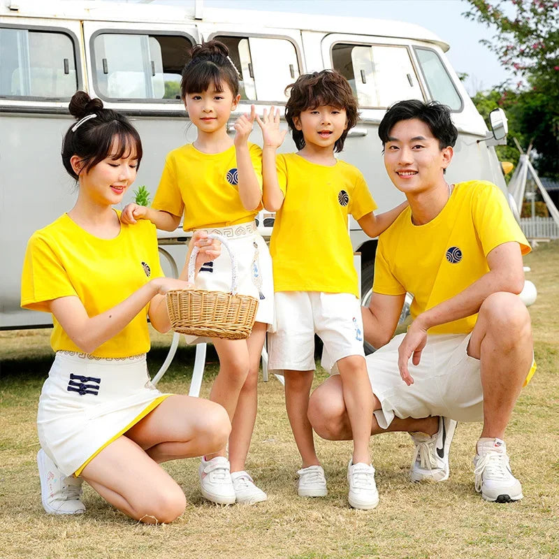 Family Matching Summer Clothes Sets Mom Daughter Skirt and Long T Shirt 2 Pieces Suit Dad Son Tops and Shorts Two Piece Outfits