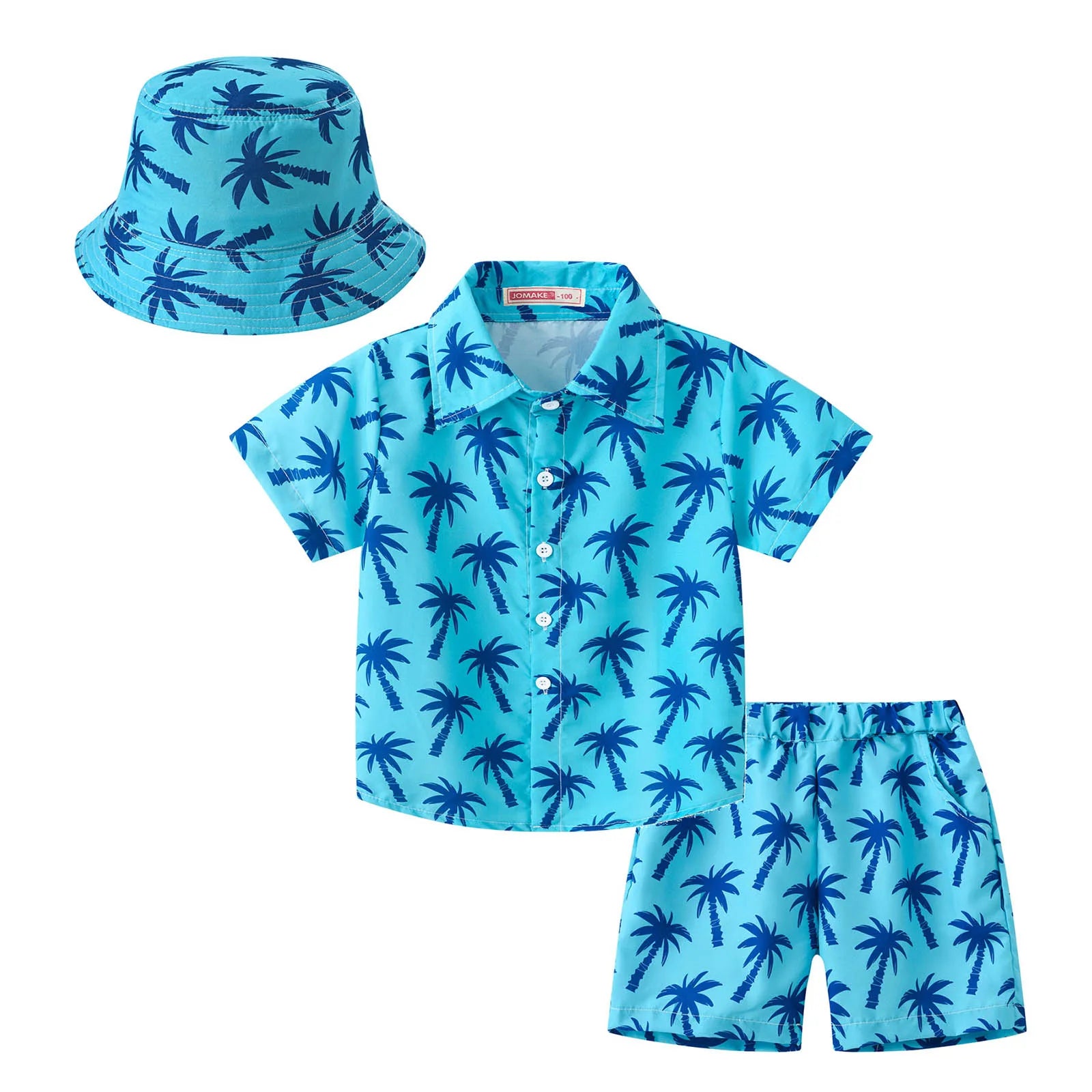 Kids Boys Summer Beach Clothes Set Hawaiian Outfits Print Short Sleeve Shirt with Shorts Bucket Hat Pool Swimwear Beachwear