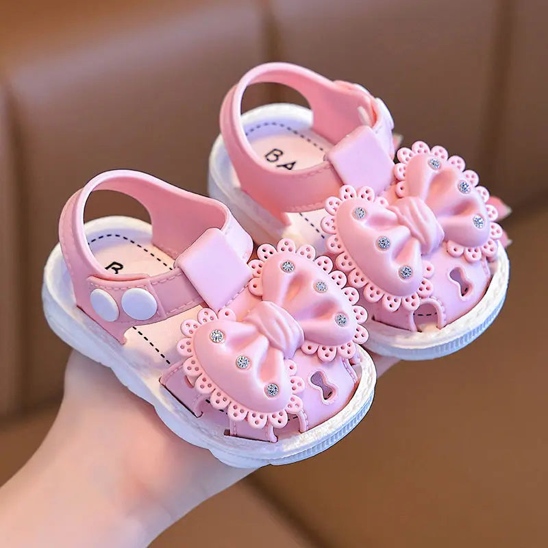 New Summer Aged 0-3 Cute Bow Rhinestone Baby Shoes For Girls Non-Slip Soft-Soled Children Toddler Kids Sandals With Covered Toes