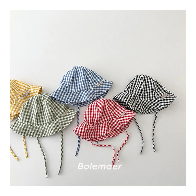 Wide Brim Summer Sun Hat For Baby Plaid Print Fisherman's Hat Children Cotton Bucket Cap For Boys Baby Girls Sunhat Kids Bonnet