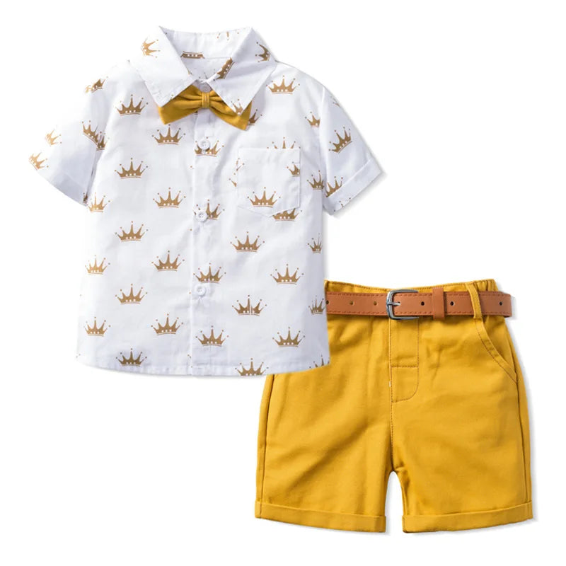 Kids Boys Clothes Sets Gentleman Suit Short Sleeve Shirt Bowtie With Suspender Shorts Pants Baby Children Formal School Outfits