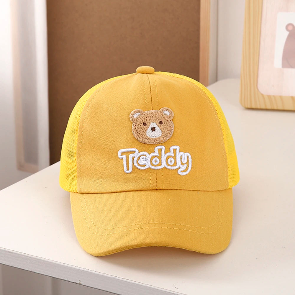 Kids Baseball Hat Mesh Breathable Cute Bear Embroidered Snapback Caps 1-6 Years Boys Girls Sunscreen Adjustable Peaked Cap