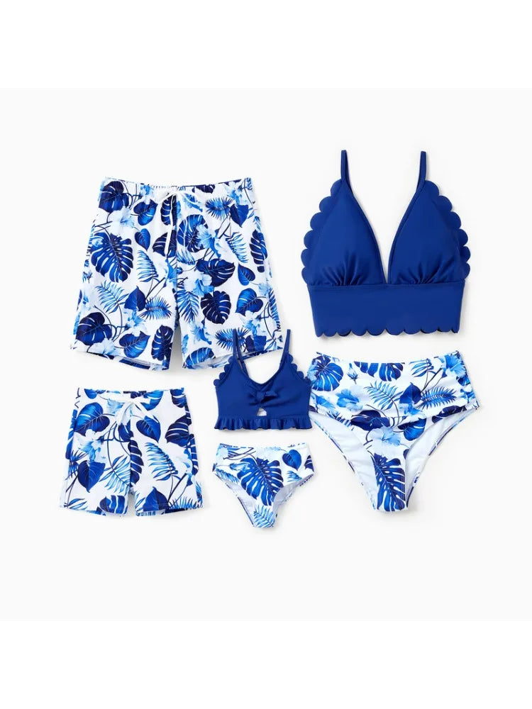 Family Matching Blue Tropical Leaf Swimwear Set Dad Boy Board Shorts & Mom Girl Bikini Sets