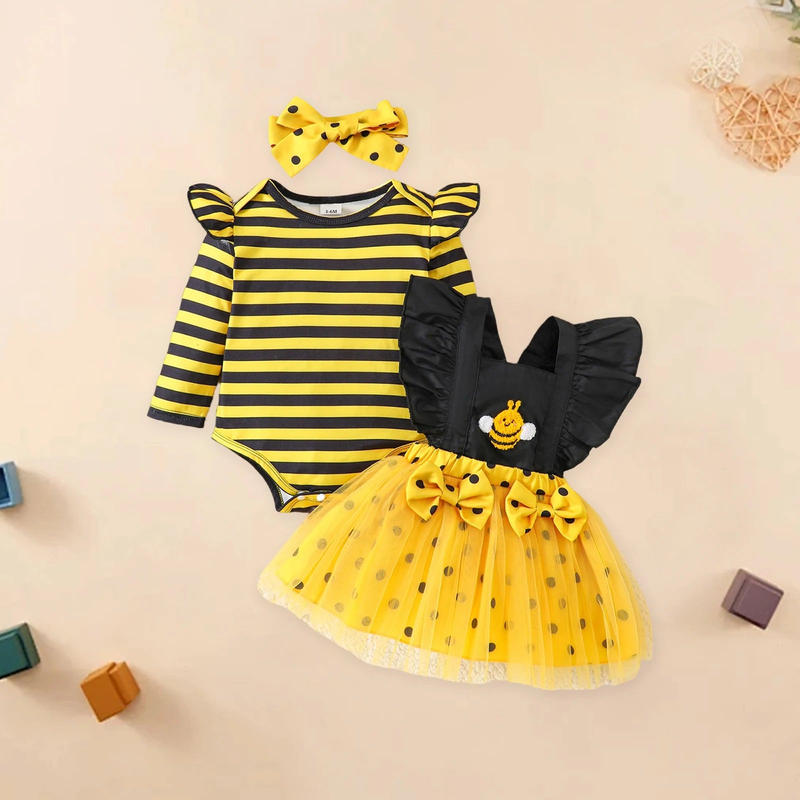 Baby Girl Outfits Long Sleeve Striped Romper Overalls Dress Headband Set Infant Bee Costume Clothes Set