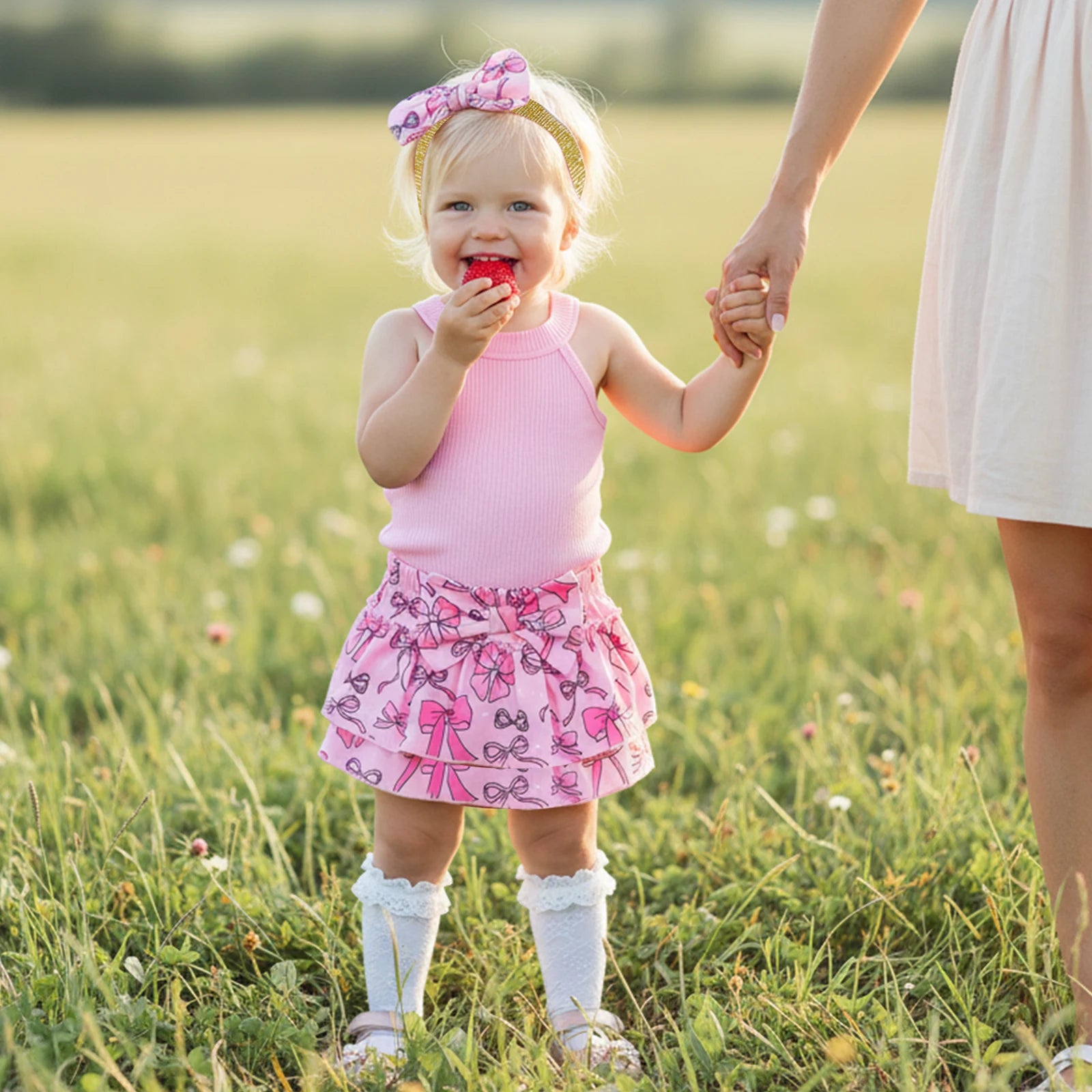 Baby Girl Summer Outfits Solid Color Sleeveless Tank Tops Bowknot Print Elastic Waist Ruffles Shorts Headband 3Pcs Clothes Set