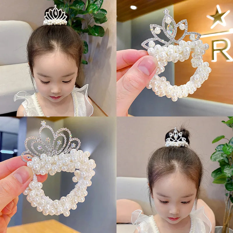 Fashion Pearl Crown Princess Elastic Hair Bands Cute Kids Hair Ties Girls Accessories Baby Headwear