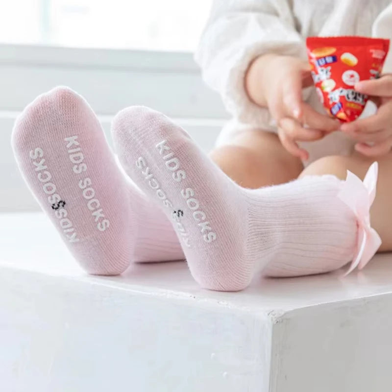 Bow Baby Long Socks Spring Autumn Kids Knit Stockings Non-slip Princess Girls Knee High Sock Solid Cotton Newborn Footwear 0-3Y