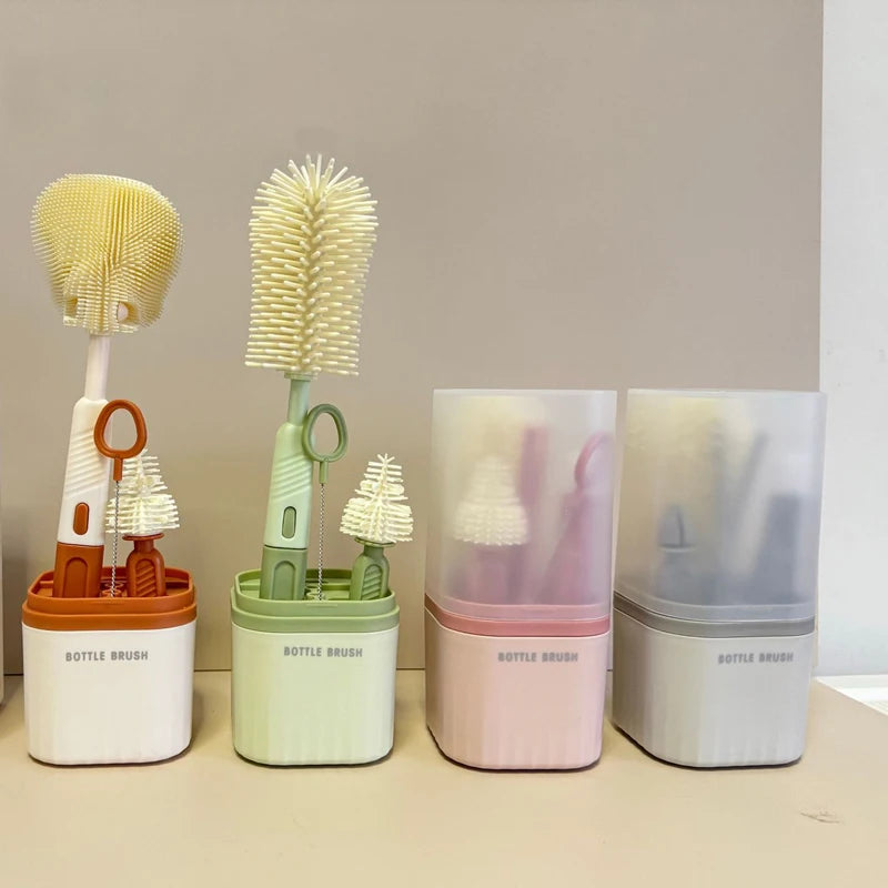 Silicone Baby Bottle Cup Brush Set with Storage Box Newborn Gift Milk Bottle Cleaning Brushes Suit Portable Detachable Cleaning