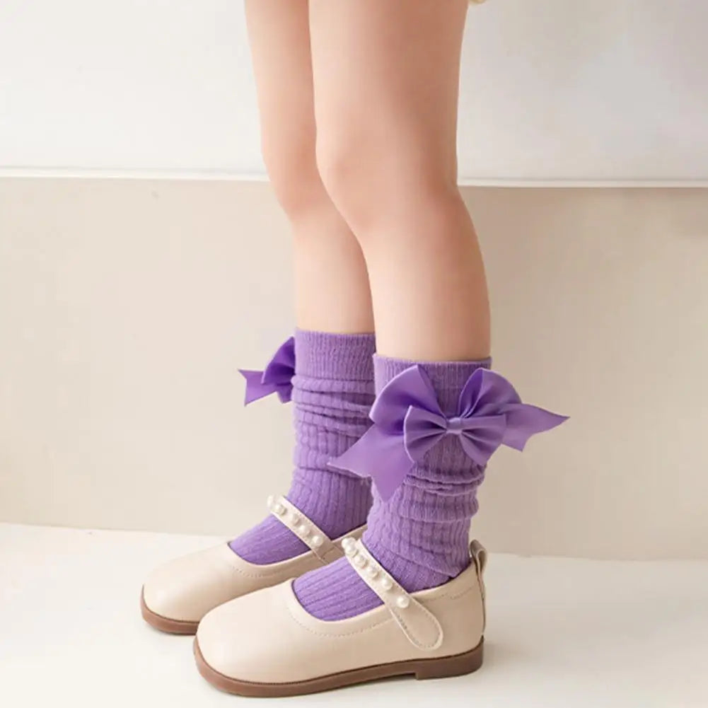 Cute Cartoon Kids Stockings Bow Knee High Cotton Socks Cotton Long Socks Breathable Mid-Calf Socks for Toddler 3-12Y