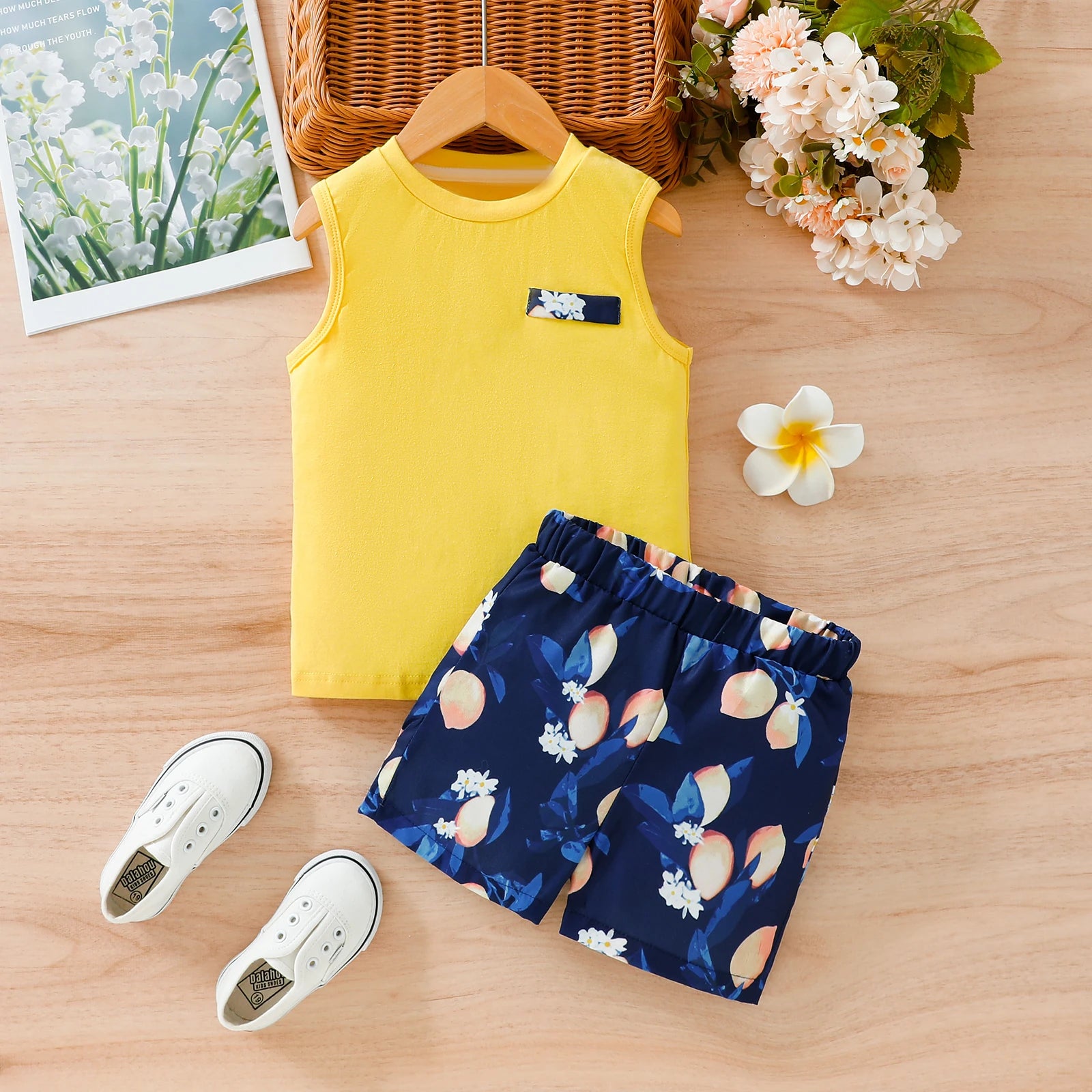 Summer Boys' Energy Set Bright Yellow Sleeveless Vest + Dark Blue Watermelon Print Shorts Two-Piece Set for Active Kids