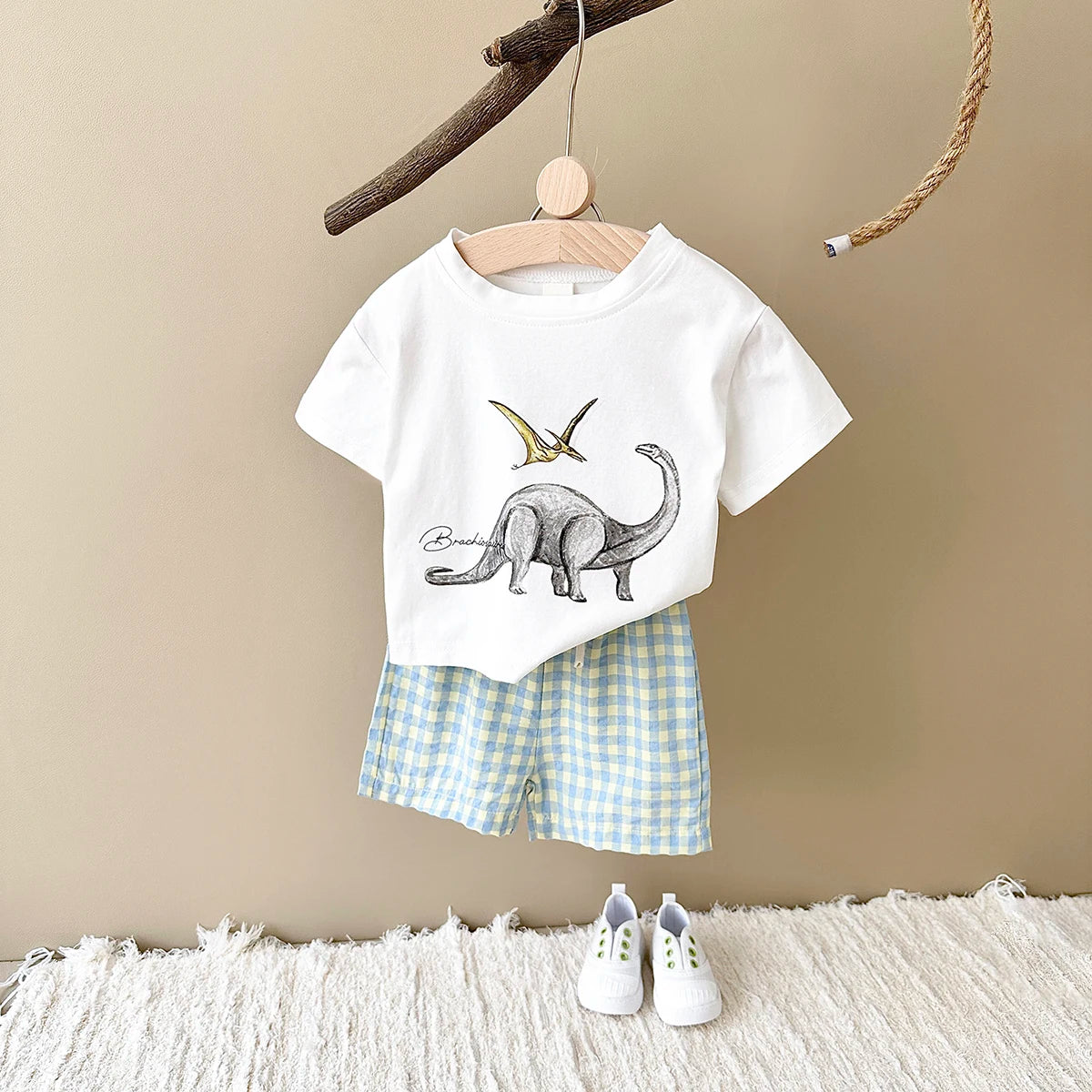 New Baby Clothes Set Infant Dinosaur Print Top+Grid Shorts Baby Boys Girls Casual Baby Set Newborn Summer Baby Clothes 2Pcs/Sets