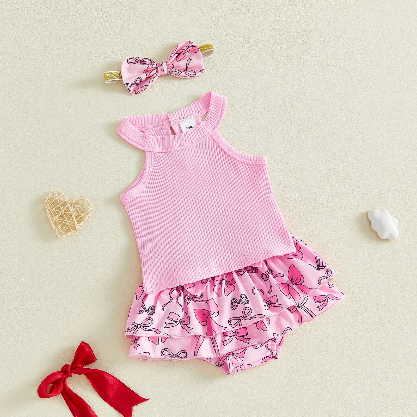Baby Girl Summer Outfits Solid Color Sleeveless Tank Tops Bowknot Print Elastic Waist Ruffles Shorts Headband 3Pcs Clothes Set