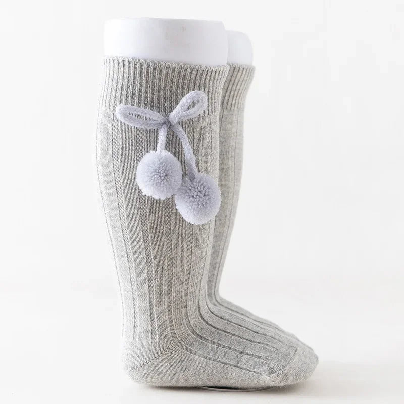 Baby Socks Solid Cotton Soft Long Princess Socks with Cute Pom-Pom Bow Decor Boy Girls Stretchy Warm Cozy Casual Socks Stockings