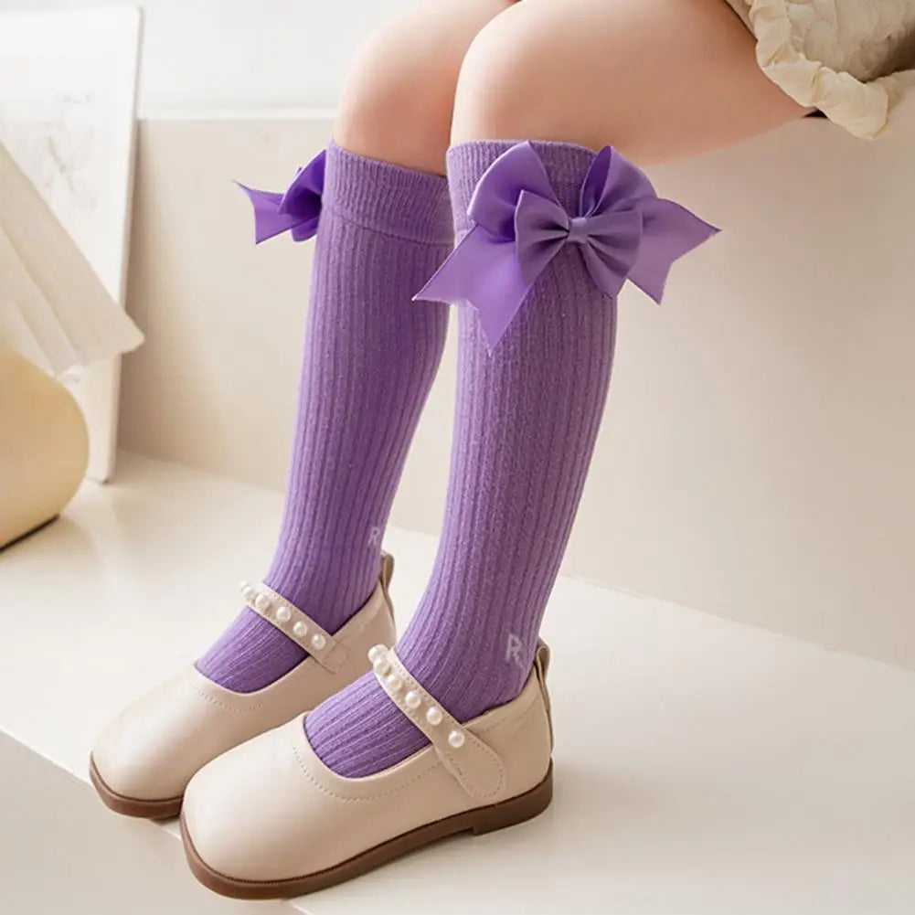 Cute Cartoon Kids Stockings Bow Knee High Cotton Socks Cotton Long Socks Breathable Mid-Calf Socks for Toddler 3-12Y