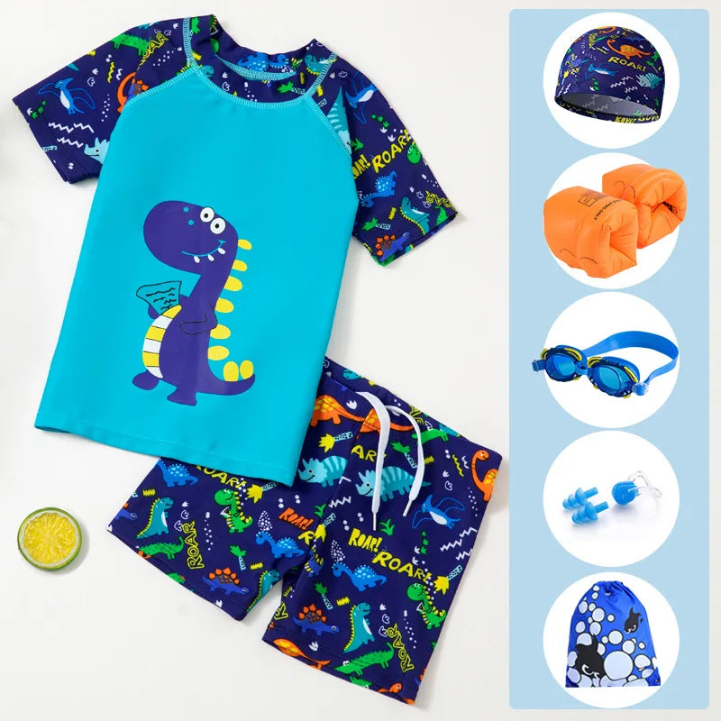 2025 Kids Boys Girls Swimwear Set Clothes Children Cartoon Print Separates Matching Summer Beach Vacation Outfit Casual Wear