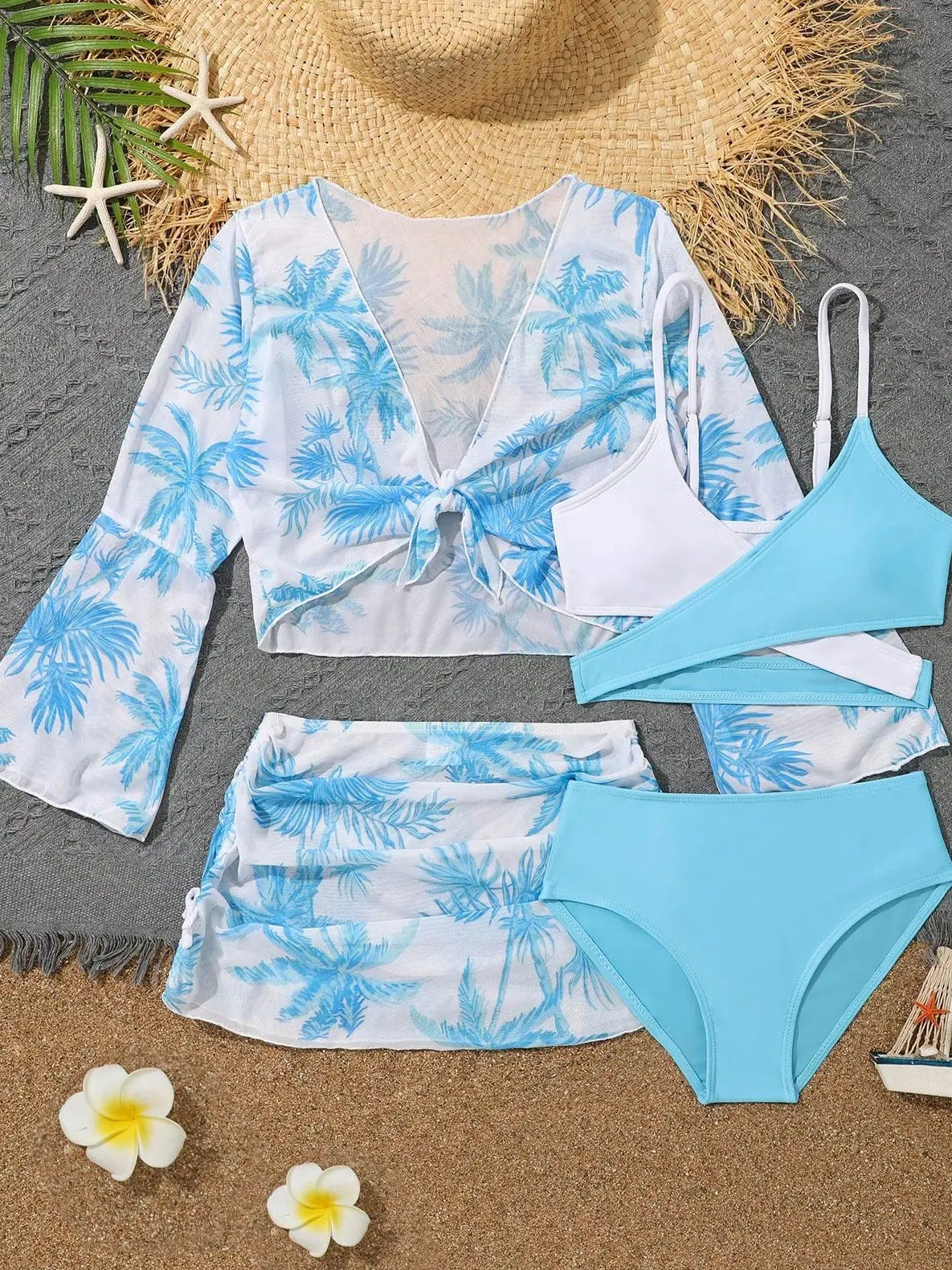 4 Pieces Bikini Top & Skirt 2025 Girls Swimsuit Kids High Waist Swimwear Children Bathers Bathing Swimming Swim Suit Beachwear