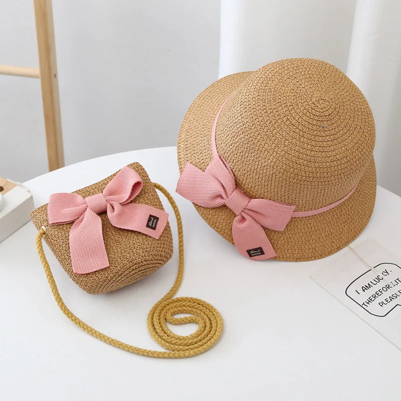 Summer Baby Girls Straw Hat And Shoulder Bag 2pcs Set Parent-child Wide Brim Lace Holiday Beach Sun Hats Outdoor Bucket Cap
