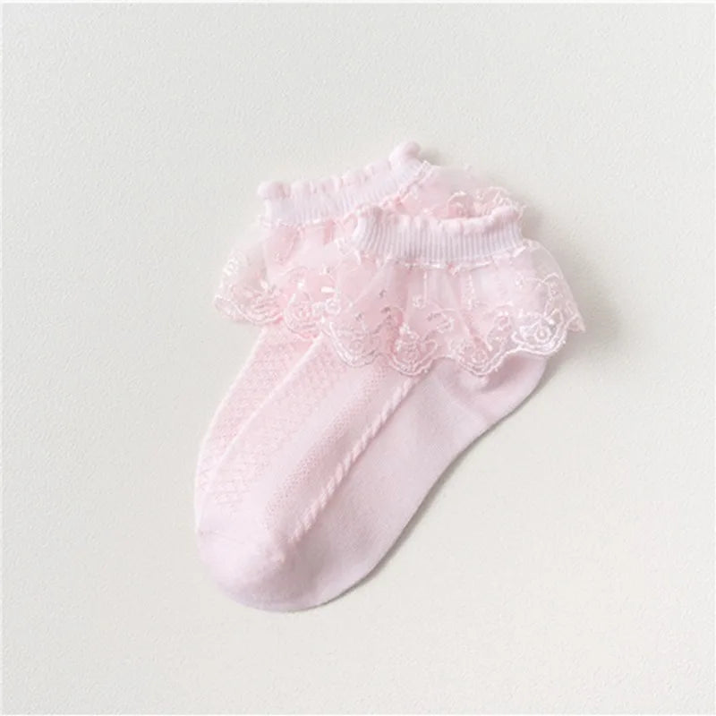 2Pairs Cotton Lace Ruffle Princess Mesh Breathable Socks Children Ankle Short Sock White Pink Blue Baby Girls Kids Toddler