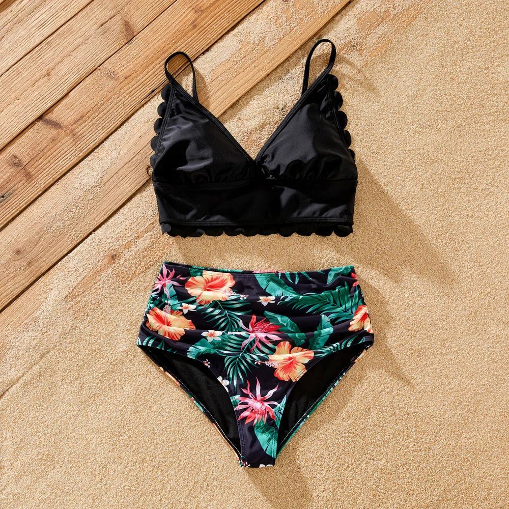 Family Matching Tropical Floral Drawstring Swim Trunks or Shell Edge Bikini