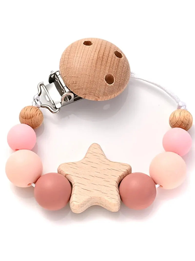 New Baby Pacifier Chain Clips Wood Pentagram Teether Silicone Round Beads Teething Chain For Care Soother Chew Toys Shower Gift