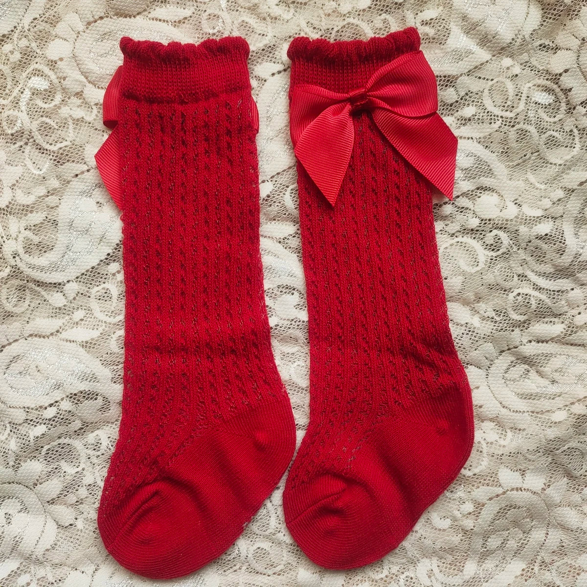 Baby's Christmas Red Socks Sweet Big Bows Knee High Princess Sock for Infant Holiday Atmosphere Cotton Mesh Breathable Long Sock