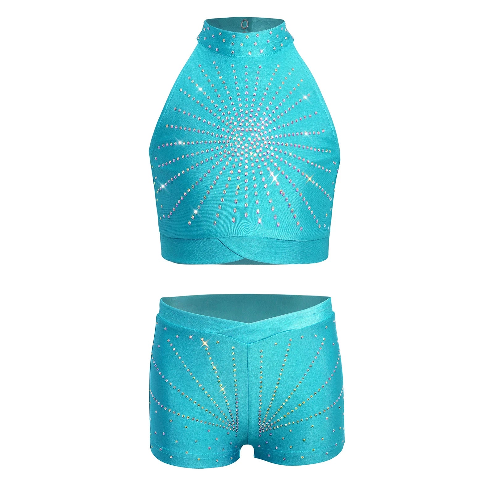 Kids Girls Ballet Dance Outfits Gymnastics Performance Costume Cutout Back Sparkling Rhinestone Crop Top with V-front Shorts