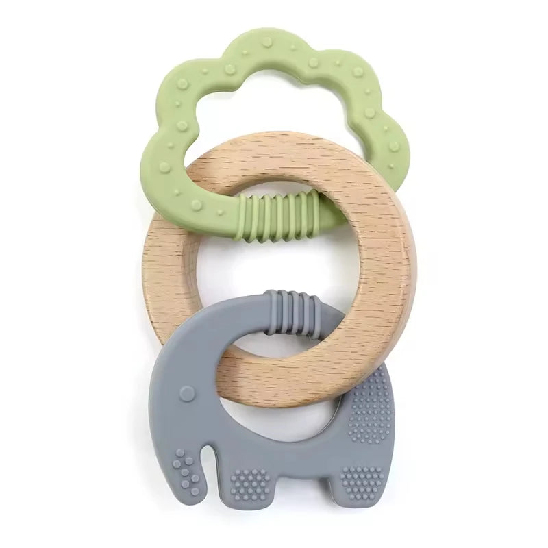 Baby Teething Toys Silicone Wooden Ring Teether BPA Free Cute Elephant Babies Chew Toy for Boys and Girls Newborn Gifts