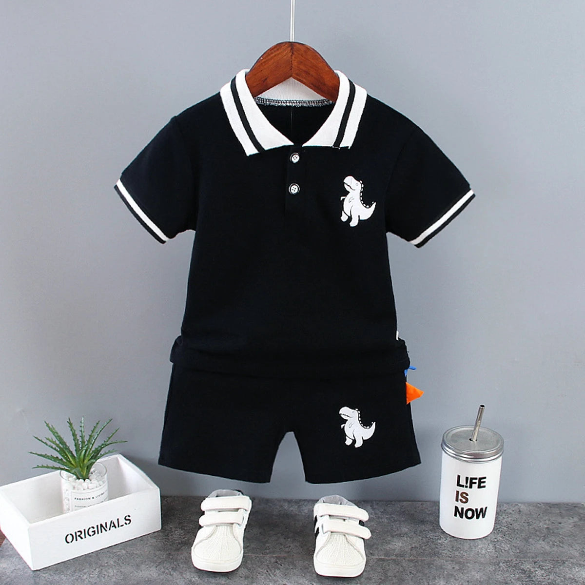 Summer Kids Outfits Baby Boys Clothes Set Dinosaur Printed Turn-down Collar T-Shirts Tops+ Shorts 2PCS/Suit Infant Clothing Sets