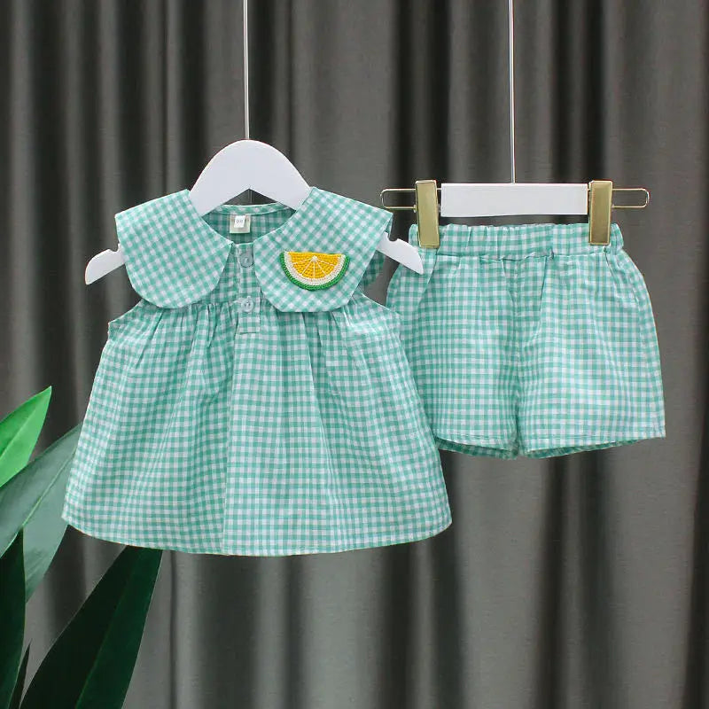 2025 Summer Children's Clothes Kids Girls Clothes Fruit Plaid T-Shirt+Shorts Pants Casual Loose Baby Outfit Sets Toddler Pajamas