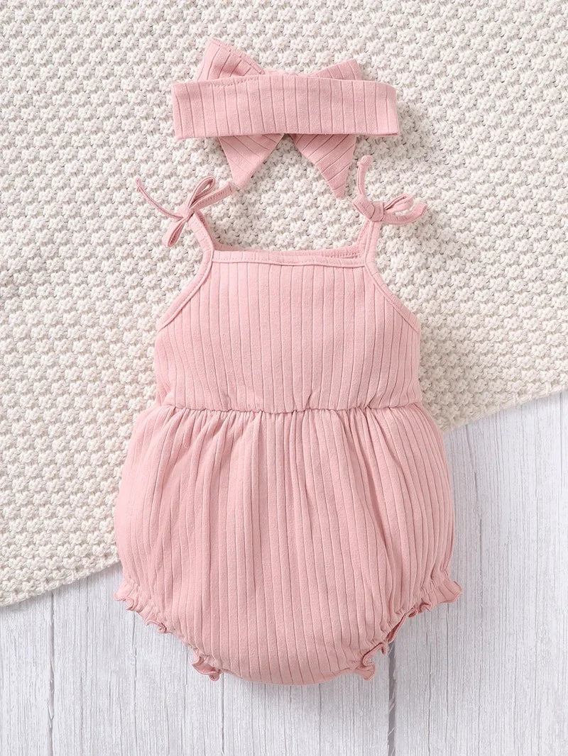 Newborn Baby Girl Bodysuit 0-9 Months Pink Cute Suspender Sleeveless Romper+Big Headband 2PCS Summer Clothes Set for Infant Girl