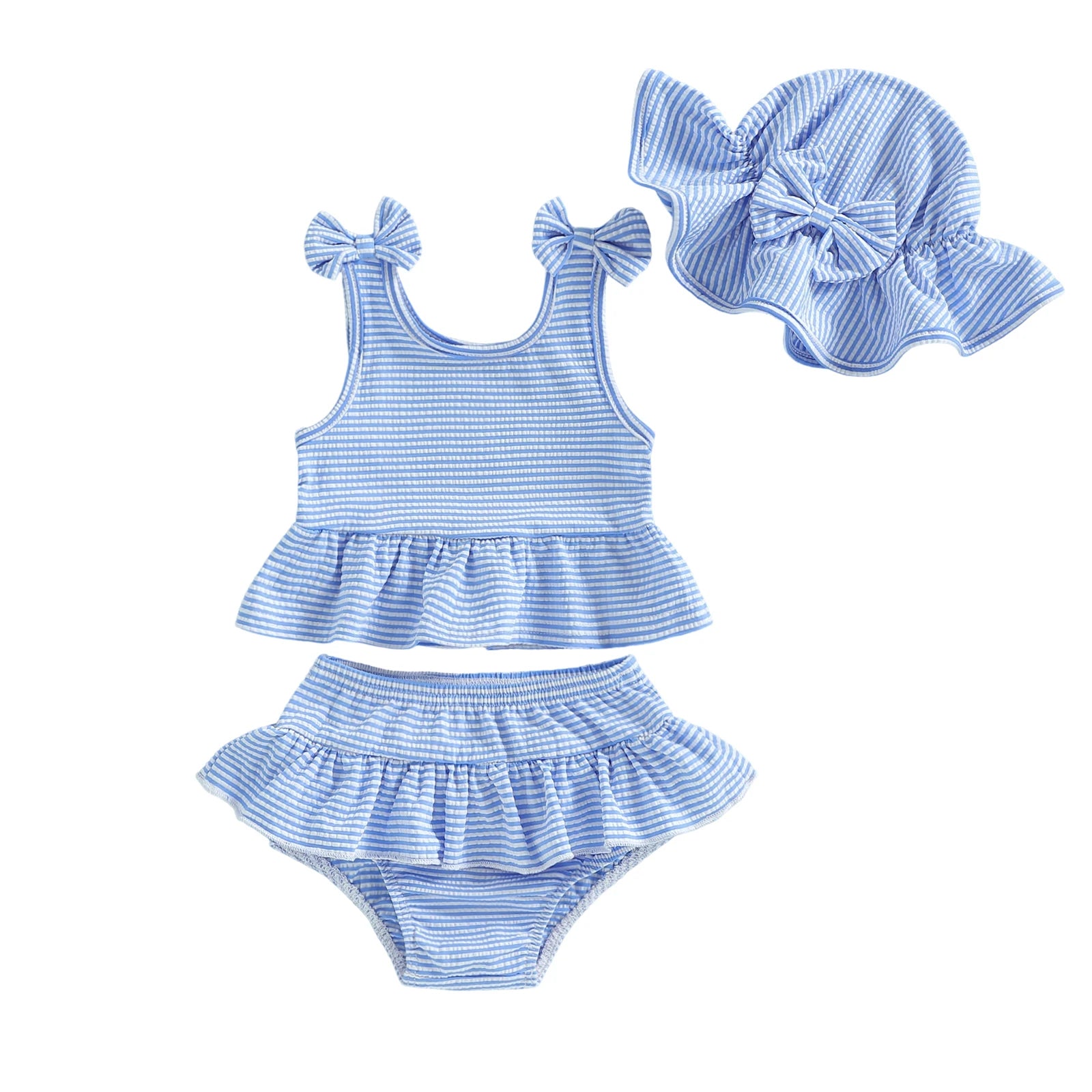 Toddler Baby Girl Striped Swimsuit Cute Fashionable Ruffle Tank Tops with Bottom, Hat 3Pcs Bathing Suit