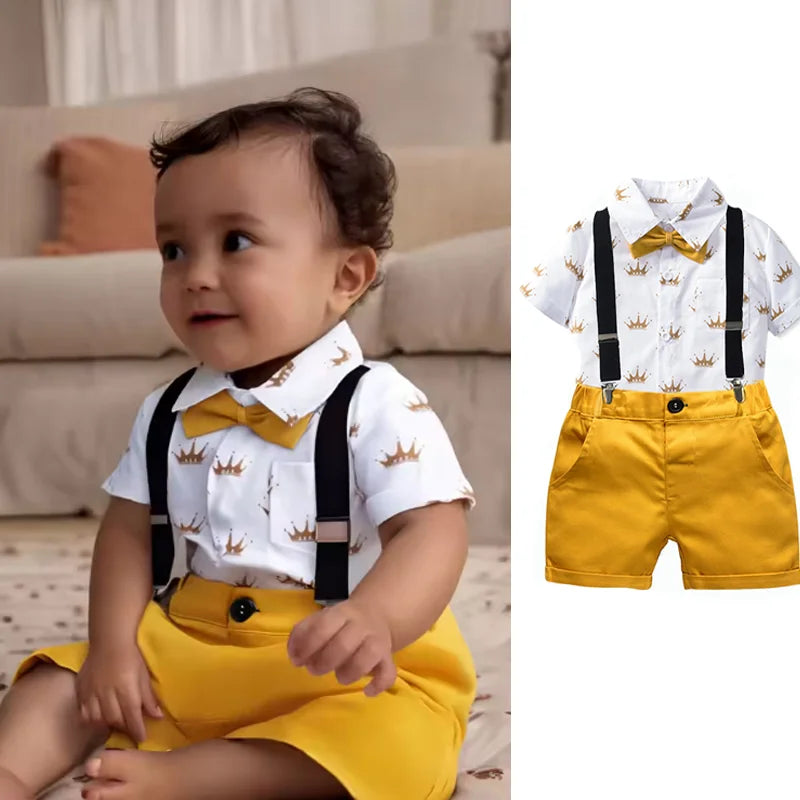 Kids Boys Clothes Sets Gentleman Suit Short Sleeve Shirt Bowtie With Suspender Shorts Pants Baby Children Formal School Outfits