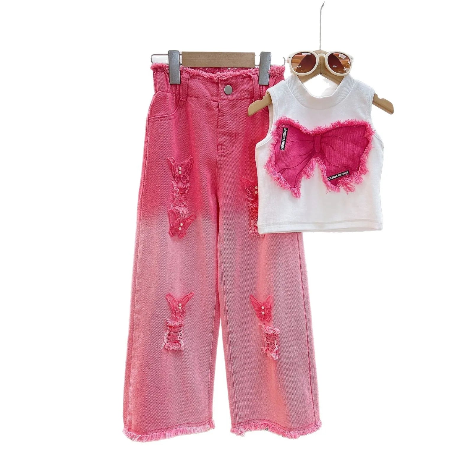 2025 Summer Girls' Clothing Set Fashion Children's Sleeveless Vest Top+ Ripped Pink Jeans Two-piece Set Baby Girls Clothes