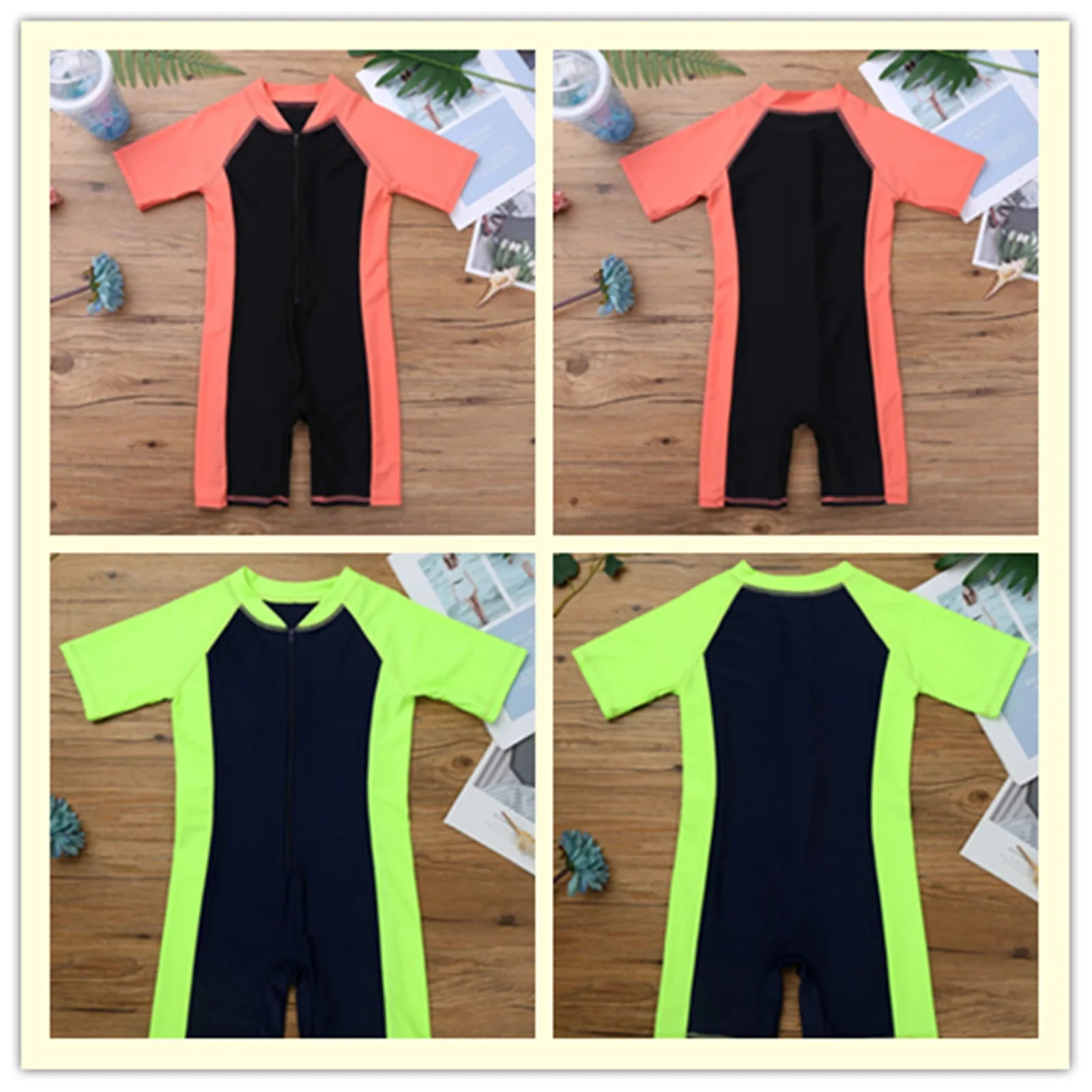 Kids Boys Girls Wetsuit Swimsuit One-piece Rash Guard Swimwear Short Sleeves Zippered Shorty Bodysuit Swimming Bathing Suit
