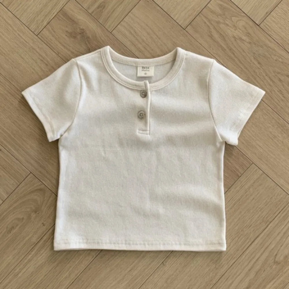 2025 Summer New Baby Short Sleeve Cotton T Shirts Infant Boy Girl Solid Casual Tees Toddler Loose Versatile Breathable Tops