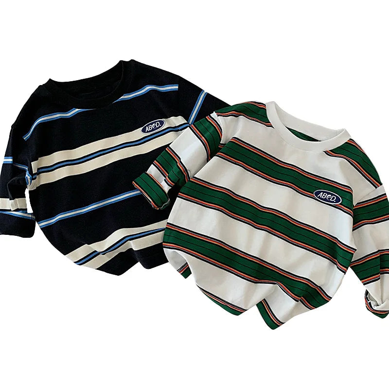 2025 Spring Autumn Kids Boys T-shirts Cotton Striped Loose Sticker Casual Long Sleeve Baby Girls Shirts Toddler Boys Tops