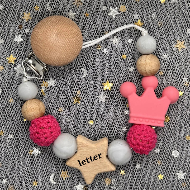 Custom Name Silicone Beads Wooden Ring Pacifier Clips Safe Teething Chains Baby Teether Eco-friendly Dummy Beech Clips Holder
