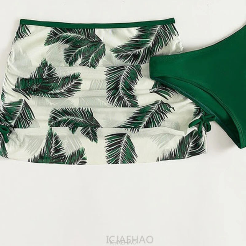2025 Girls Printed Bikini Swimsuit Three Piece Set Beach Swimwear Big Kids Outfit Simple Holiday Wear Matching Summer New