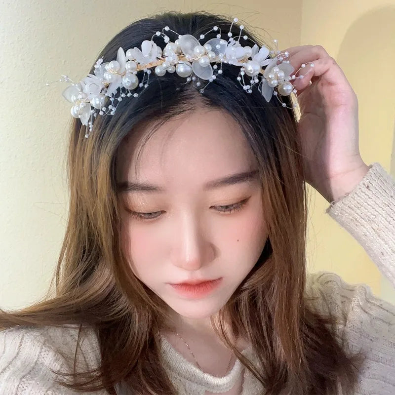 Elegant Children Pearl Headbands Women Bridal Wedding Headband Hair Headdress Flowers Bride Garland Head Hoop Hair Jewelry Gifts
