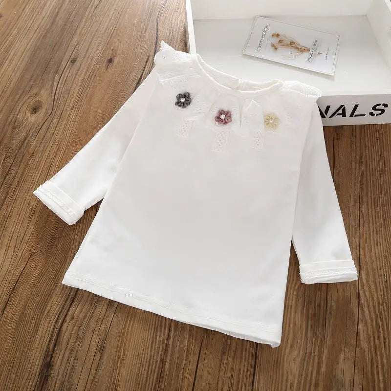 Toddler Girls T-shirts Autumn Cotton White Pullover Tops for Kids Fashion Children Long Sleeve Bottoming Shirts Cute Flower Tees