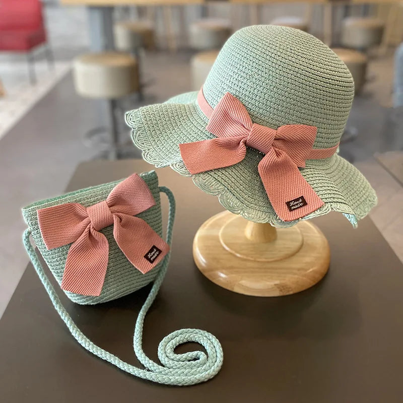 Summer Baby Girls Straw Hat And Shoulder Bag 2pcs Set Parent-child Wide Brim Lace Holiday Beach Sun Hats Outdoor Bucket Cap