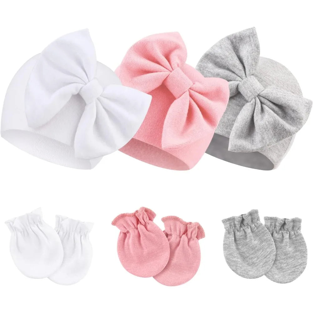 6Pcs/Set Newborn Bow Baby Hat & Scratch Mittens Set, Baby Cute Covered Hat, Headwear Accessories, Perfect Gift for Baby's Birth