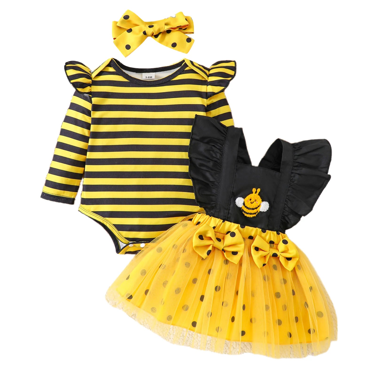 Baby Girl Outfits Long Sleeve Striped Romper Overalls Dress Headband Set Infant Bee Costume Clothes Set