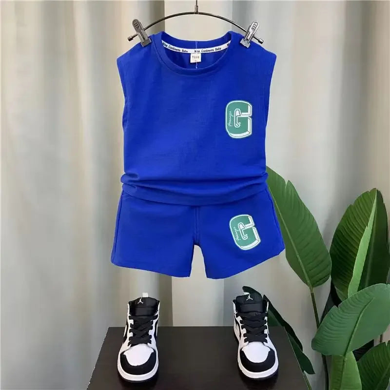 New Kids Boys Summer Vest Set New Fashionable Baby Net Red Clothes Boys and Children's Fashion Two Piece Set Kids Outfits