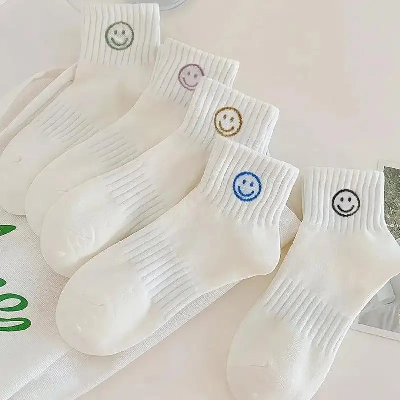 5 Pairs of Whimsical Cartoon Face Print Short Socks - Soft, Breathable, and Comfortable Polyester Knit Fabric